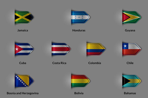 Set of flags in the form of a glossy textured label or bookmark. Jamaica Honduras Canada Cuba Costa Rica Colombia Chile Bosnia and Herzegovina Bolivia Bahamas. - Vetor, Imagem