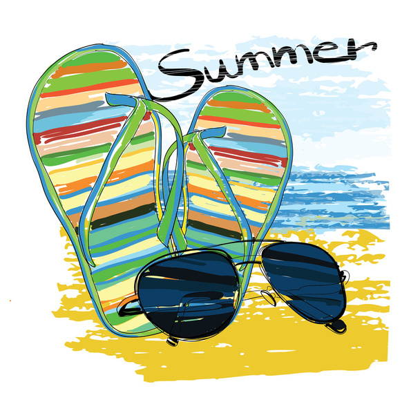 background summer with lettering, sunglasses, shales, sky and se - Vector, Image
