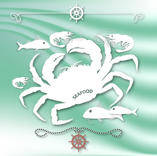Crab, fishes, shrimps and nautical elements - Vector, imagen