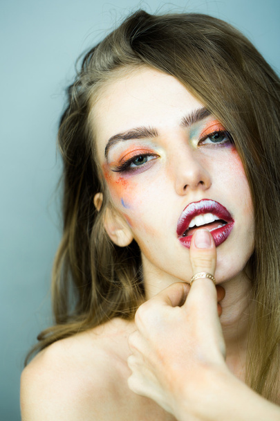 Girl with orange makeup closeup - Foto, Imagem