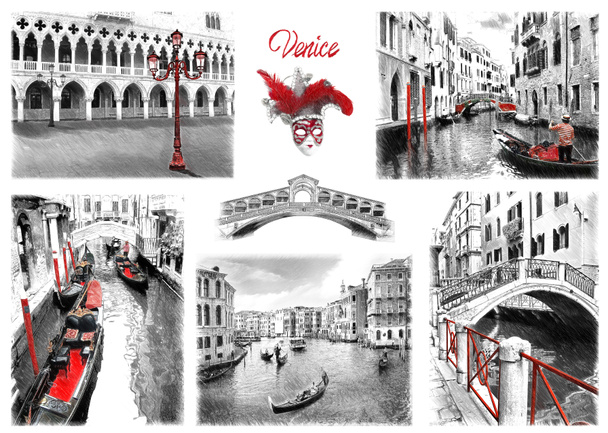 Αξιοθέατα της Βενετίας. Εικονογράφηση σε ισοπαλία, σκίτσο στυλ - Φωτογραφία, εικόνα