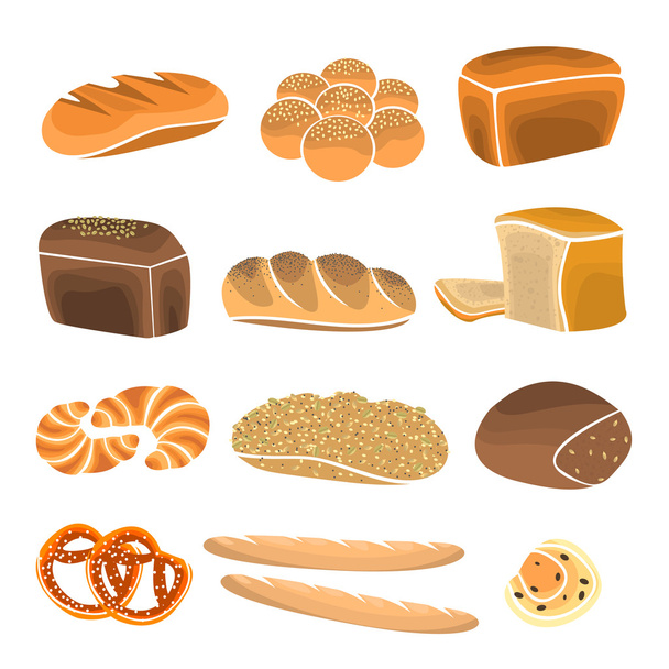 Set de productos de pan. Panadería elementos de la tienda y panadería escaparate. Artículos de panadería en estilo plano. Ilustración vectorial
 - Vector, Imagen