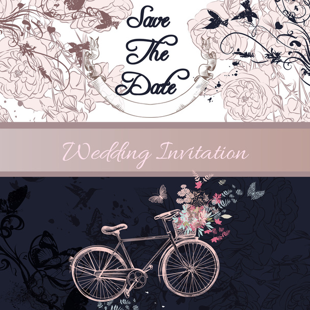 Wedding invitation or save the date card with bicycle and roses  - Vektori, kuva