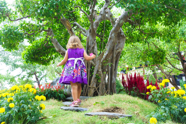 little girl in a tropical garden. bonsai tree - Foto, Imagem
