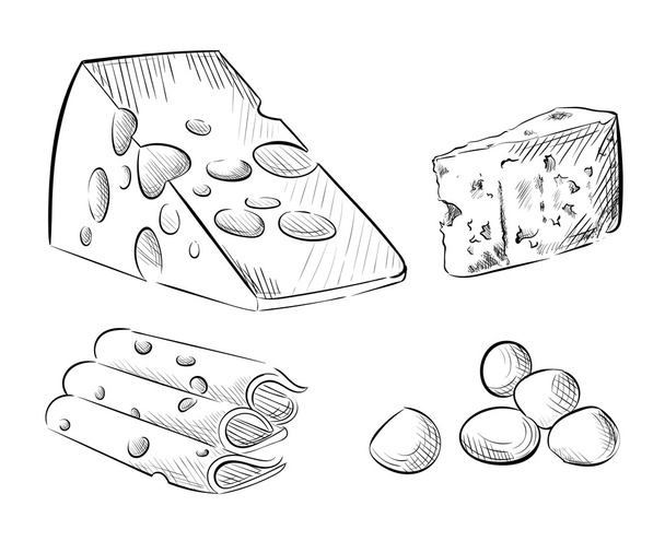 Peynir çeşitleri. Lezzetli taze variet skeçler mozzarella çeşitli set yapma - Vektör, Görsel