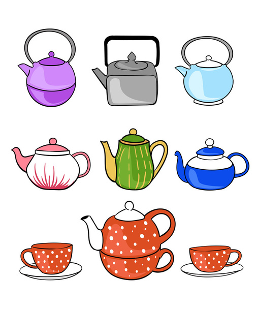 Tea collection. Hand draw vector illustration cup, teapot line - Vector, Image
