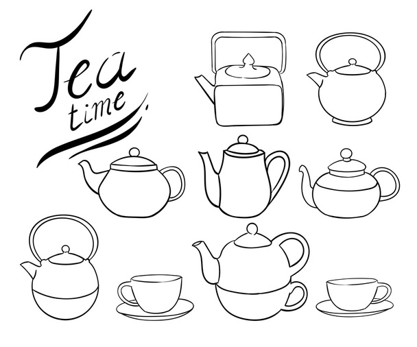 Čajové kolekce. Ruky kreslit vektorové ilustrace pohár, čajník linie - Vektor, obrázek