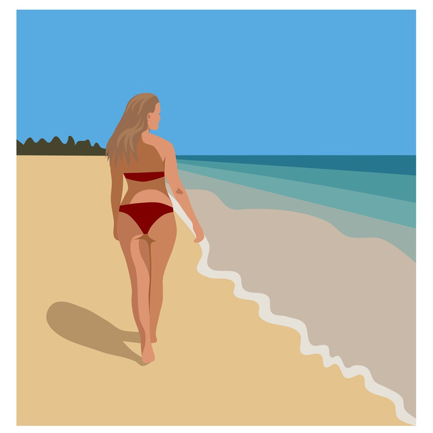 mulher andando na praia em biquíni vermelho
 - Vetor, Imagem