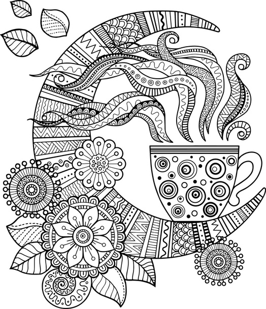 Ένα φλιτζάνι τσάι από βότανα για μια Καλημέρα. Βιβλίο ζωγραφικής για ενήλικες - Διάνυσμα, εικόνα