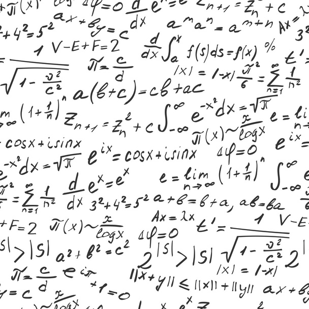nahtloser Hintergrund zum Thema mathematische Theoreme, Symbole und Formeln, dunkle Umrisse auf hellem Hintergrund - Vektor, Bild