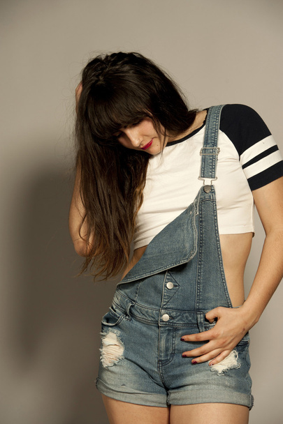 Gorgeous Young Brunette in Overalls - Foto, afbeelding