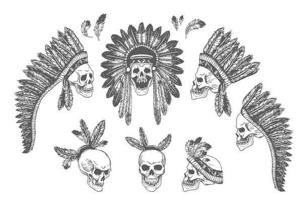 Készlet-ból 7 odaad húzott amerikai indiai frizura-val emberi koponyák. Vektor monokróm illusztráció az etnikai elemek elszigetelt fehér háttér. Törzsi téma - Vektor, kép