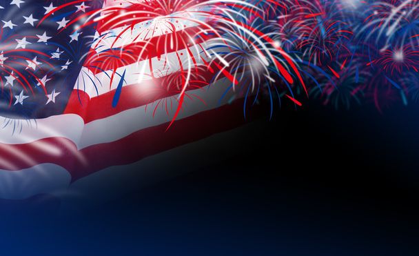 Bandera de EE.UU. con fuegos artificiales sobre fondo bokeh
 - Foto, Imagen