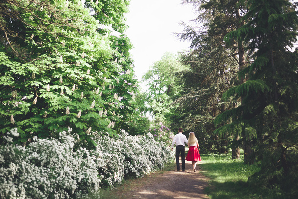 Stylish beautiful happy wedding couple kissing and embracing in Botanical Garden - Фото, зображення