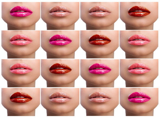 Collage van gekleurde lippen op een witte achtergrond - Foto, afbeelding