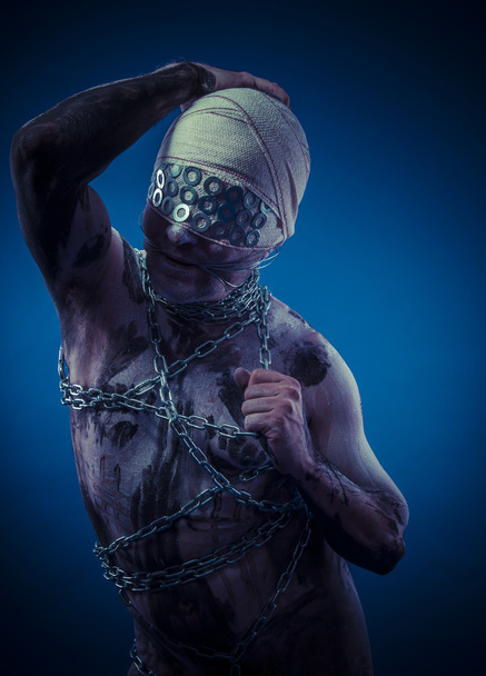 Man with chains and blindfolded - Fotoğraf, Görsel