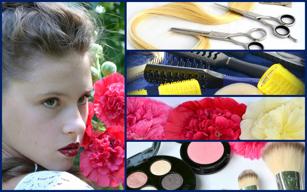 Decorative cosmetics, clippers, hair brushes, collage - Photo, Image