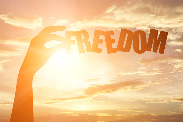 silhouette of a hand holding "freedom" paper text - Φωτογραφία, εικόνα