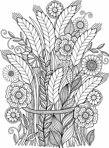 Libro para colorear para adultos. Orejas gavilla de flores
 - Vector, Imagen