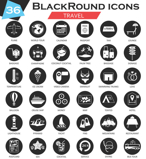 Vector círculo de viaje blanco icono negro conjunto. Diseño de iconos ultra moderno para web
. - Vector, imagen