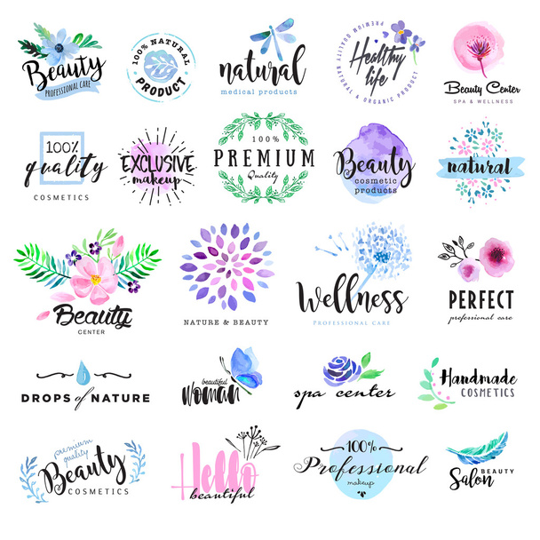 Set von handgezeichneten Aquarell-Etiketten und Abzeichen für Schönheit, gesundes Leben und Wohlbefinden - Vektor, Bild