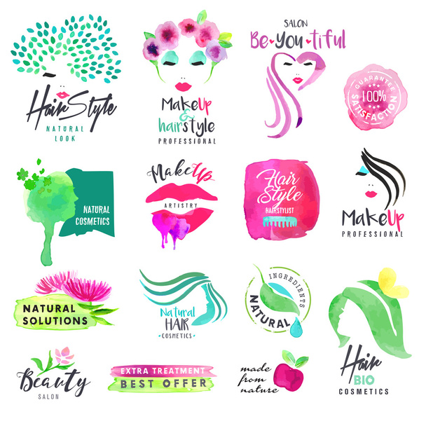 Set of hand drawn watercolor signs for beauty and cosmetics - Vector, Image