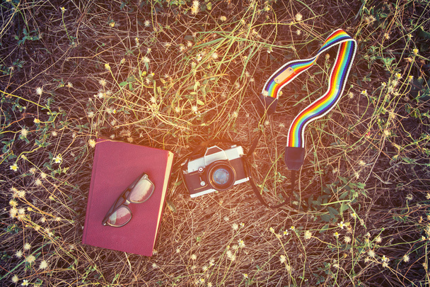 Estilo vintage de câmera retro com livro e óculos no flowe
 - Foto, Imagem