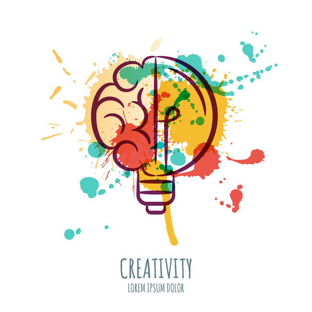 Vector watercolor illustration of brain and light bulb. Abstract watercolor background with human brain and bulb. - Vektori, kuva