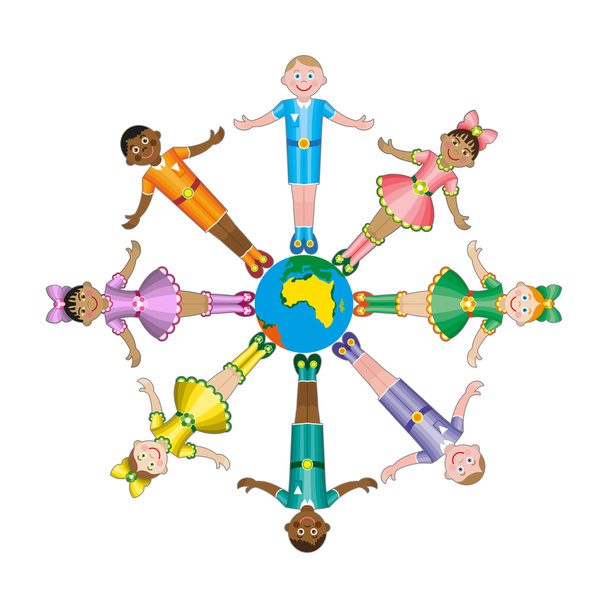 Κύκλος των ευτυχισμένων παιδιών διαφορετικές φυλές - Διάνυσμα, εικόνα