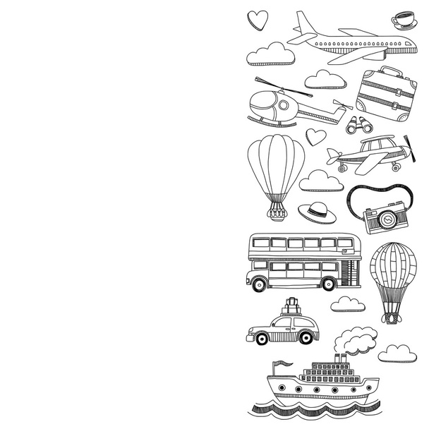 Vector doodle set of travel and transportation Car plane helicopter ballon ship - Vetor, Imagem