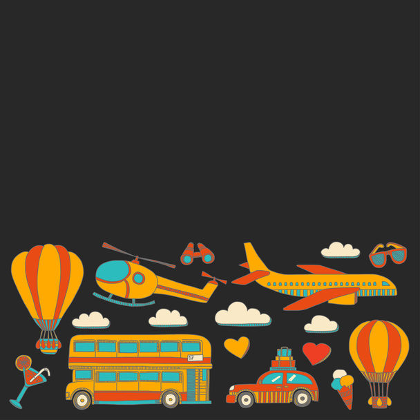 Vector doodle set of travel and transportation Car plane helicopter ballon ship - Vector, Image