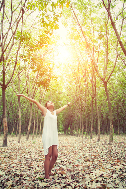 Felice bella giovane donna alzando le mani nella foresta enjo
 - Foto, immagini