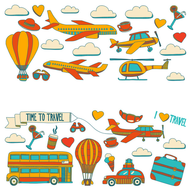 Vector doodle set of travel and transportation Car plane helicopter ballon ship - Vetor, Imagem