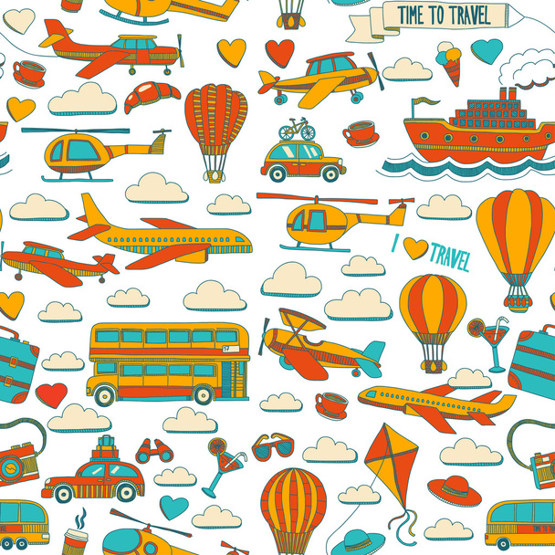 Wektor ładny zestaw podróży i transportu samochodów samolot helikopter ballon statku - Wektor, obraz