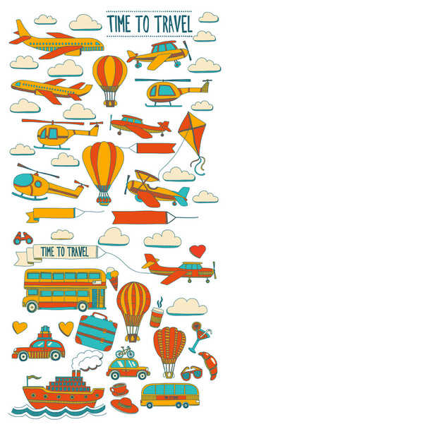 Vector doodle set of travel and transportation Car plane helicopter ballon ship - Vector, Imagen