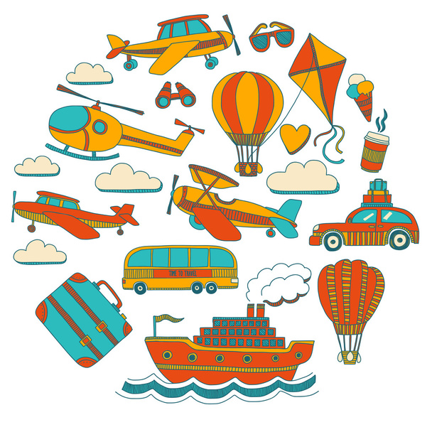 Vector doodle set of travel and transportation Car plane helicopter ballon ship - Vektör, Görsel