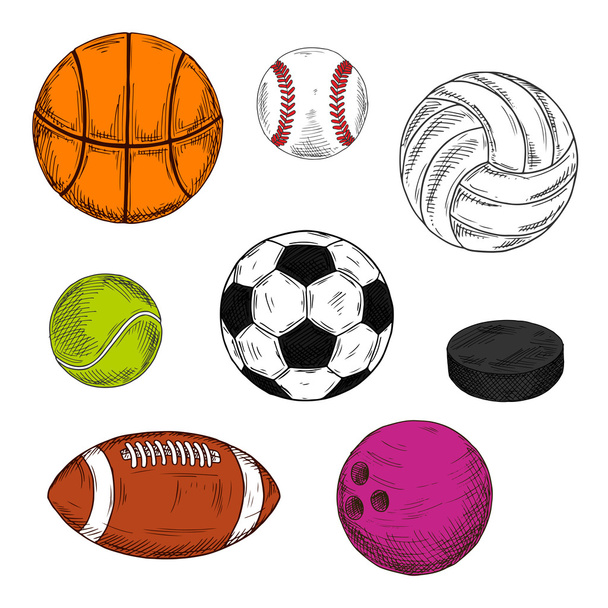 Naszkicowane piłki sportowe i symbole krążka - Wektor, obraz