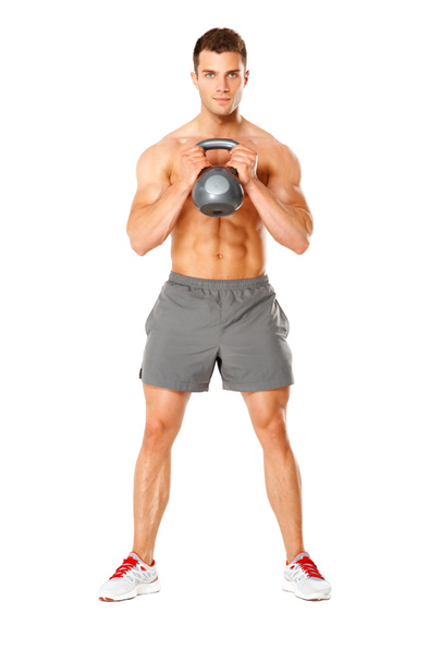 jovem muscular homem levantando pesos no branco
 - Foto, Imagem
