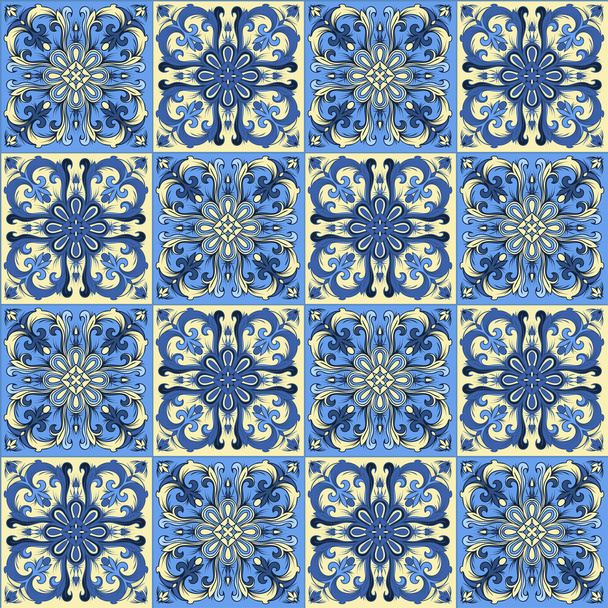 Hand drawing seamless pattern for tile in blue and yellow colors. - Vector, Image