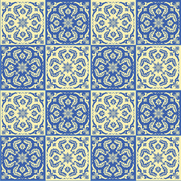 Hand tekenen van naadloze patroon voor tegeltapijt in blauwe en gele kleuren. - Vector, afbeelding