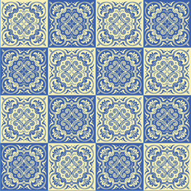 Hand drawing seamless pattern for tile in blue and yellow colors. - Vector, Image