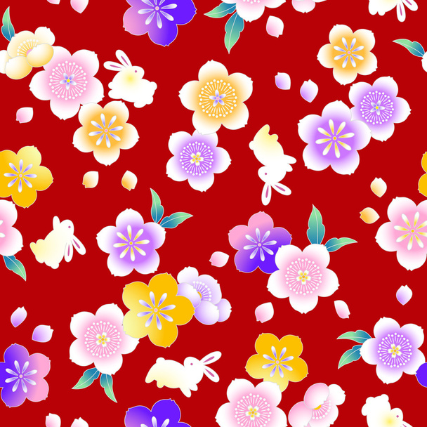 Japanese style cherry and rabbit pattern - Vector, imagen