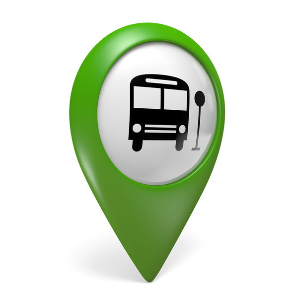 Icona puntatore mappa verde con simbolo bus per il trasporto pubblico, rendering 3D
 - Foto, immagini