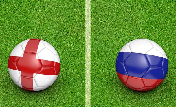 Bolas de equipe para a Inglaterra vs Rússia jogo torneio de futebol, renderização 3D
 - Foto, Imagem