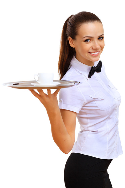 Young waitress with an empty tray - Zdjęcie, obraz