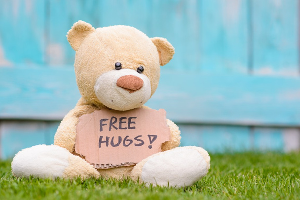 Teddy bear in possesso di cartone con informazioni Abbracci gratuiti
 ! - Foto, immagini