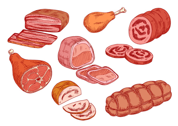 Kolbász, sonka és sült hús vázlat ikonok - Vektor, kép