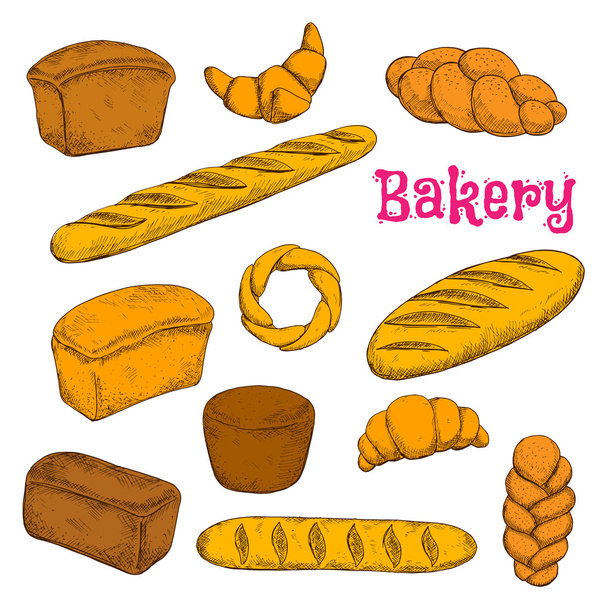 Taze pişmiş hamur işleri ve ekmek kroki simgeleri - Vektör, Görsel
