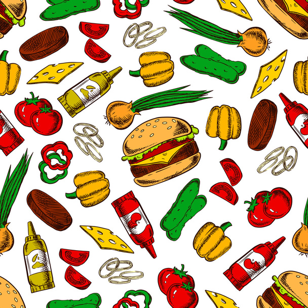 Seamless cheeseburgers with ingredients pattern - ベクター画像