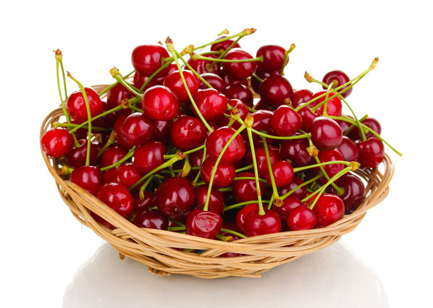 Ripe cherry berries in basket isolated on white - Foto, Imagem
